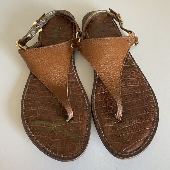 Sam Edelman Greta Leather T-Strap Flat Sandal Thong Ankle Strap Brown 8 - Picture 3 of 7